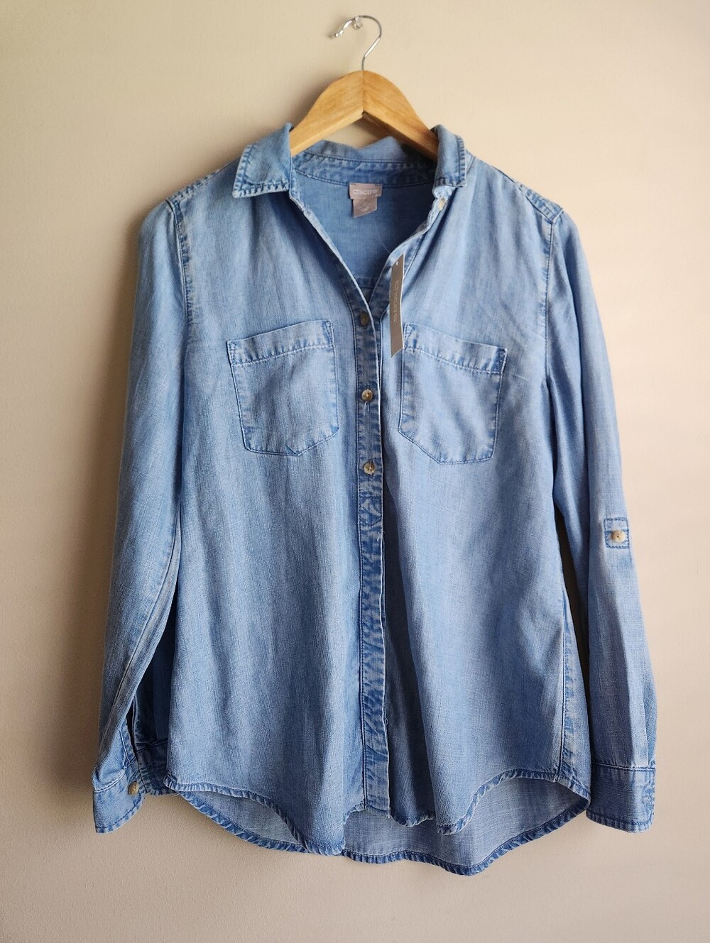 Chico's Denim Half Placked Shirt 3/4 Sleeve Size 0 (Small)